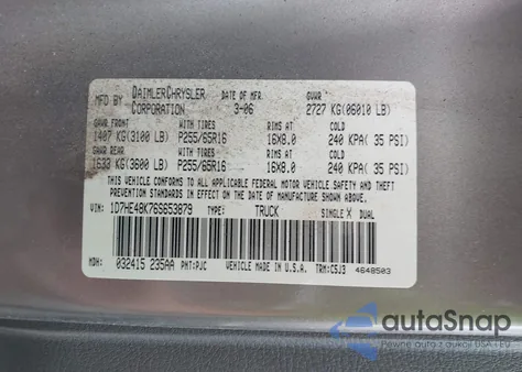 2006 Dodge Dakota Slt z USA, uszkodzony, nr VIN 1D7HE48K76S653879